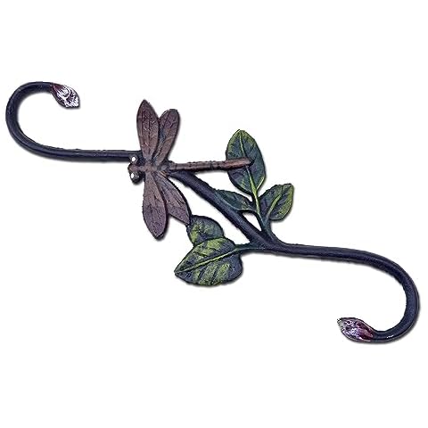 FLAG EMOTES S-Hook Plant Hanger 12" Long Cast Iron Dragonfly Hanging Flower Basket Accessory (1, Brown, Green, White) Cover