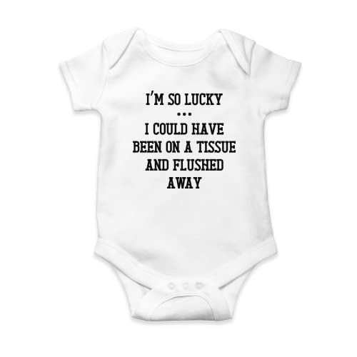 I'm So Lucky Babygrow - Tissue Flushed Away Funny Fun Rude Crude Joke Dressed Baby Shower Clothes Short Sleeved Baby Grow Bodysuit Onesie Vest Gift Present (6-12 Months Prime) White