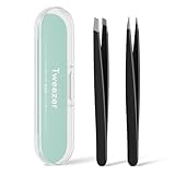 EZ2LIVE Tweezers for Women Facial Hair, Slant & Point Tip 2 Pack Eyebrow Tweezers for Men, Professional Tweezer Set Stainless Steel Precision Tweezers for Eyebrows, Splinter, Ingrown Hair Removal