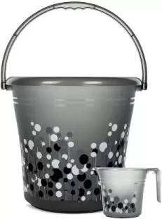 Dhwani Enterprise (Ratan) Plastics Frosty Bubble Print Pack of 2 Bathroom Set (20L Bucket x 1 / 1L Mug x 1) - Black