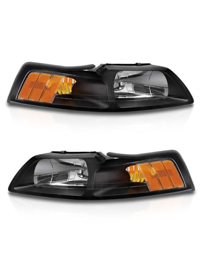 for 1999-2004 Ford Mustang V6 / GT/Cobra Headlamp Compatible with Ford 1999-2004 Mustang Headlights Black Housing Amber Reflector Left and Right SideW/O Bulbs