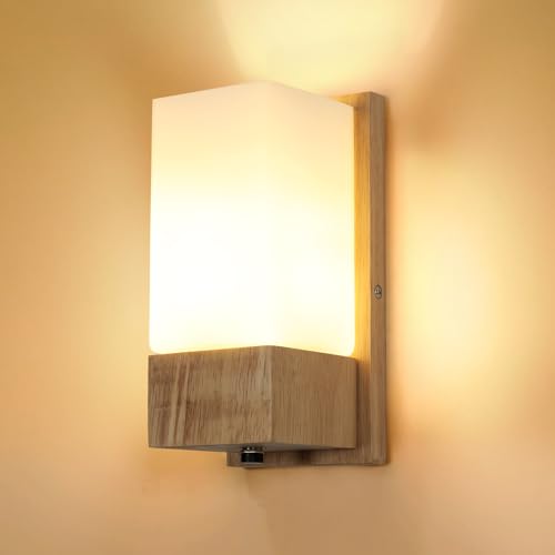 DELIPOP Applique Murale Intérieure Bois, E27 Moderne Lampe Murale avec Abat-jour en Verre, Luminaire Mural Intérieure pour Salon Chambre Couloir Escalier...
