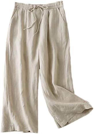 Mordenmiss Women's Linen Drawstring Pants Wide Leg Elastic Waist Cropped Pants Trousers (M, Nature)
