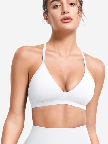 Image of YEOREO CoreFlex Sports Bras for Women Strappy Padded Halter Open Back Light Impact Deep V Neck Yoga Workout Gym Tops