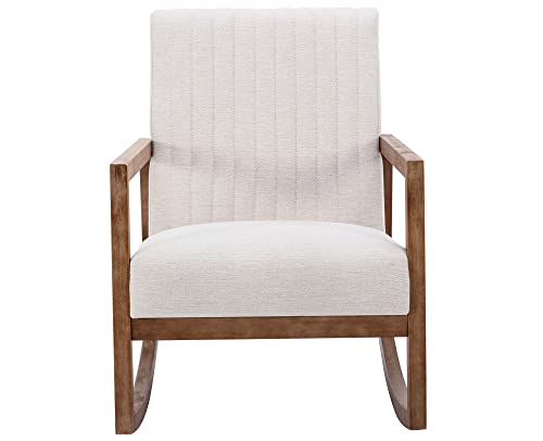 Vescasa Upholstered Linen Rocking Chair With Channel-Tufted Back, Mid-Century Modern Comfy Rocker With Light Walnut Wood Frame For Nursery Living Room Bedroom Reading Indoor, Beige #TOP4