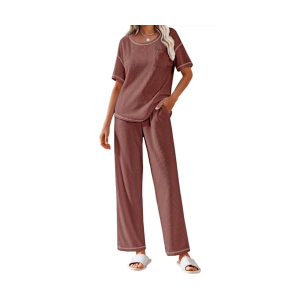 Ekouaer Women Waffle Knit Lounge Sets Short Sleeve Top and Long Pant Pajama Set Loungewear 2 Piece Pjs Set with Pockets