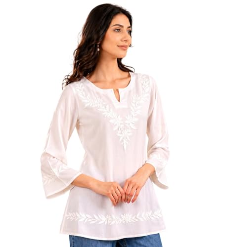 Image of QAZMI Women Kashmiri Aari Embroidered Viscose Rayon A-Line Short Kurti with Bell Sleeves