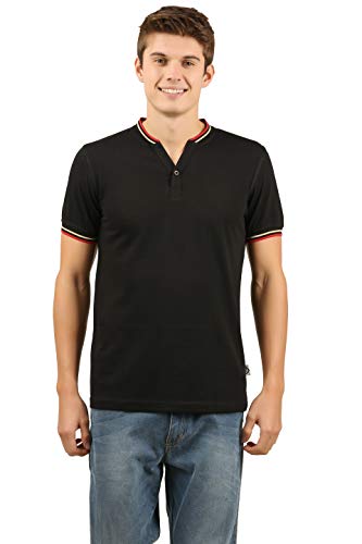 Image of Zebu Men's Half Sleeve Cotton Henley Neck Tshirt with bio wash (Pack of 1). Black