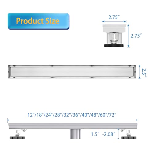 Elefloom Linear Shower Drain, 32 Inch, Stainless Steel, Brushed Finish, Modern Style, AISI 304 Stainless Steel Construction, Tile Insert 2-in-1 Panel, Hair Strainer, Adjustable Feet