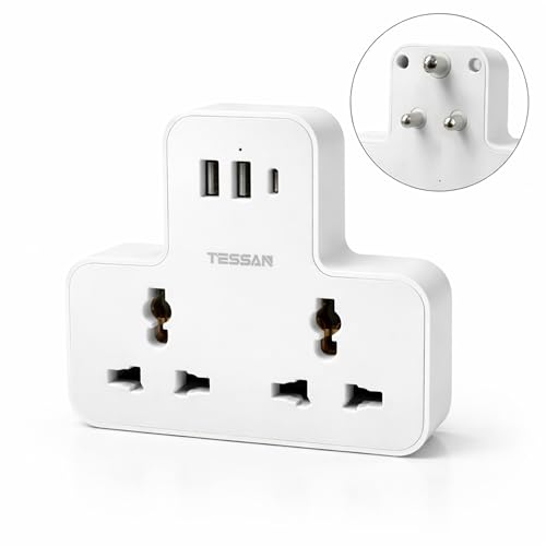 Image of TESSAN Universal Travel Adapter, 15W USB-C GaN Fast Charging, 2 AC Outlets, 2 USB-A Ports, Universal Socket, 3-Pin Plug, Surge Protection, Compatible with 6A Appliances, Space-Saving Design