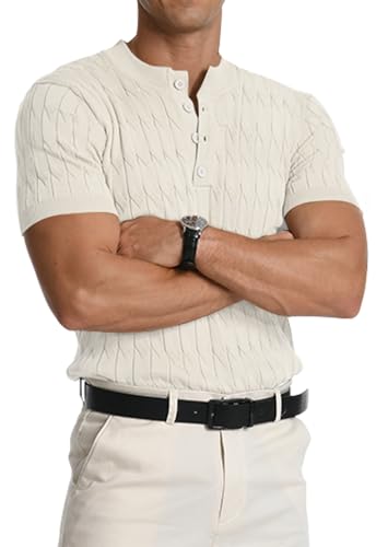 MLANM Men's Knitted Henley T-Shirt Polo Shirts Short Sleeve Slim Fit Summer Fashion Lightweight Golf Shirts,M White