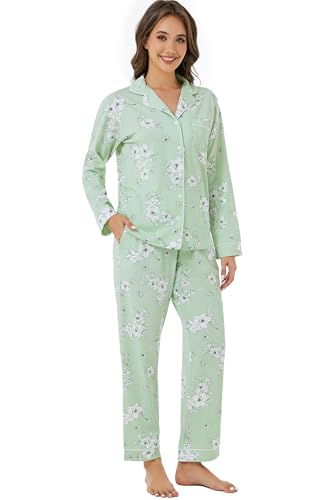 Image of LUBOT 100% Cotton Pajamas for Women Pajama Set 2 Piece PJ Sleepwear Set Soft Ladies Button Knit Long Sleeve Loungewear XS-XXL