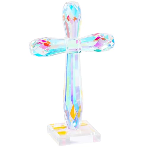 Image of YWHL Iridescent Crystal Standing Cross Decor, Handmade Glass Holy Cross