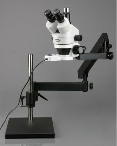 Image of AmScope SM-7TX-FRL Professional Trinocular Stereo Zoom Microscope, WH10x Eyepieces, 3.5X-45X Magnification, 0.7X-4.5X Zoom Objective, 8W Fluorescent Ring Light, Articulating-Arm Boom Stand, 110V-120V, Includes 0.5x Barlow Lens