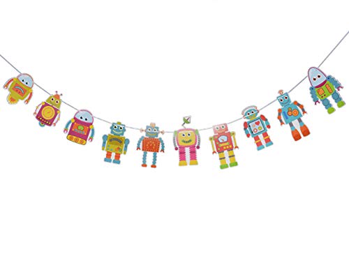 Space Robot Banner, Cartoon Birthday Sign Cute Baby Shower Photo Props Kids' Sci-fi Space Theme Party Decorations