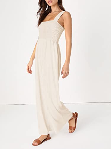 Womens Casual Cute High Waist Wide Leg Sleeveless Jumpsuit Smocked Square Neck Loose Fit Romper Outfits With Pockets #TOP3