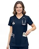 NY Threads Scrub Tops for Women Soft Stretch V-Neck Medical Scrub Top with Pockets, Large, Navy