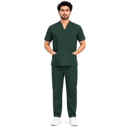 Image of Unisex Medical Scrub Suit Set, V-Neck Top with Pants, Short Sleeve, Polyester Cotton Blend, 7 Pockets, Regular Fit, Hospital Doctor Nurse Uniform