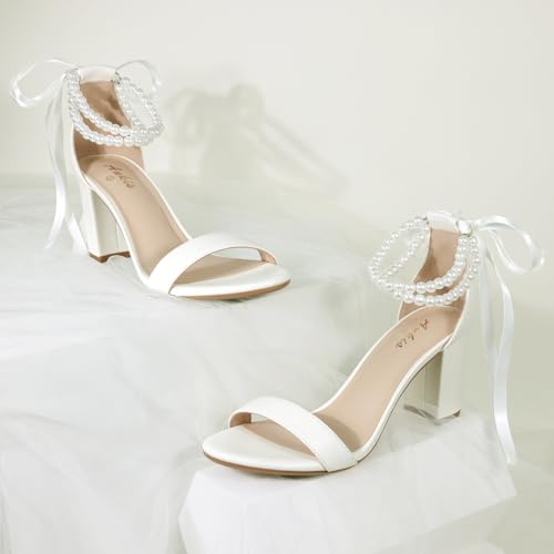 Ankis White Heels Wedding Shoes for Bride Women Chunky Heels Pearl Bow Heeled Sandals 2.75 Inch2