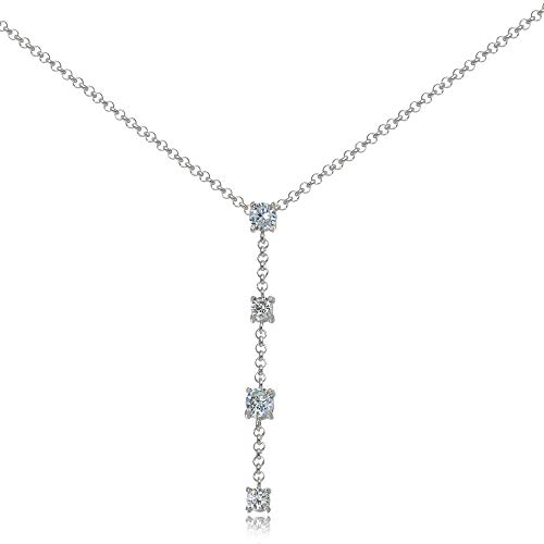 Hoops & Loops Sterling Silver Cubic Zirconia Round Long Dainty Drop Chain Y-Necklace, 16 Inch + Ext