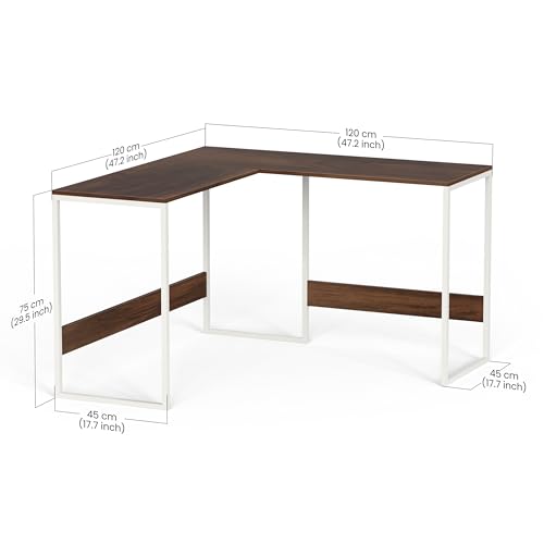 Image of BLUEWUD Corbyn Engineered Wood Study and Computer Laptop Table for Home or Office, WFH Desk, with Metal Legs for Adults Kids Students Work from Home (L- Shape, Brown Maple & White)