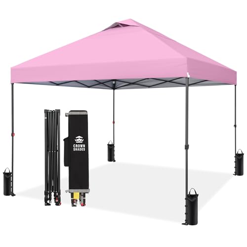 CROWN SHADES 10x10 Pop Up Canopy Tent - Patented Center Lock One Push Instant Outdoor Canopy Beach Tent with STO-N-Go Bag 8 Stakes & 4 Sand Bags，Pink