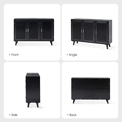 Hulala Home Sideboard Storage Cabinet With 3 Lattice Doors & 2 Shelves, Kitchen Buffet Cabinet With Metal Handles, Credenza Sideboard Buffet Console Table For Dining Room Living Room Hallway, Black #TOP2