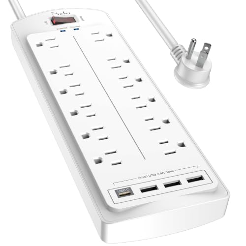 Image of Surge Protector Power Strip, Nuetsa 6Ft Flat Plug Extension Cord with12 Outlets and 4 USB Ports for Home, Office, Dorm Essentials, 2700 Joules, ETL Listed, White