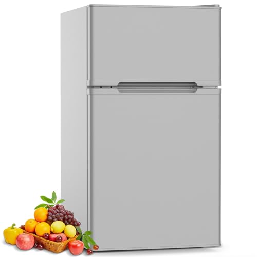 COWSAR 3.2 Cu.Ft Fridge with Freezer, Double Door Compact Fridge for Bedroom, Adjustable Thermostat, Energy-efficient Low Noise Small Refrigerator For Dorm, Office, Bar, RV, Bedroom,Commerci
