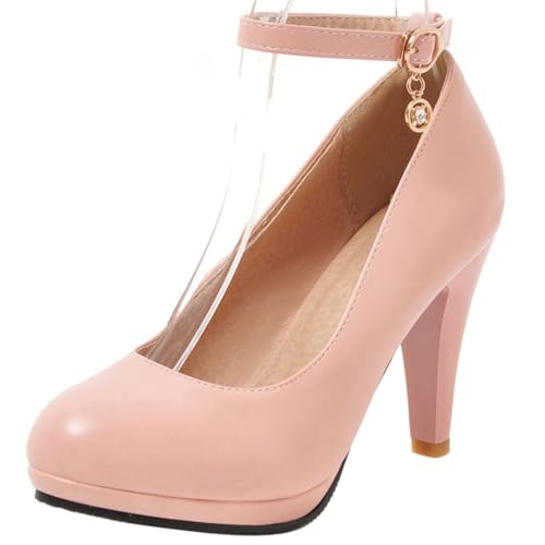 Women Cone Heel Pumps with Platform Ankle Strap High Heel Shoes Round Toe Buckle Elegant Bridal Shoes, Size 1-12