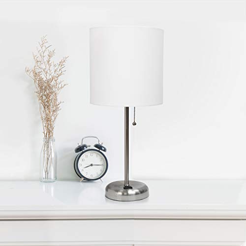 Limelights Lc2001-Wht-2Pk Stick Charging Outlet Fabric Shade 2 Pack Table Lamp Set, Brushed Steel/White, 2 Count #TOP3
