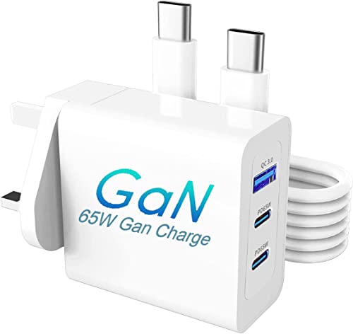 USB C Charger 65W PD 3.0 GaN Fast Wall Charger For MacBook Pro/Air, iPad Pro, Galaxy S24/S23+, Dell XPS 13, Note 20, iPhone 13, Pixel Fold/Tablet Adapter 3-Port With 60W Cable