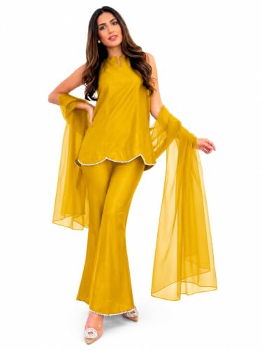 Image of Pearl Embroidered Solid Kurta Palazzo Set|Indo Western Party Outfit with Organza Net Dupatta|Sleeveless Kurti for Women