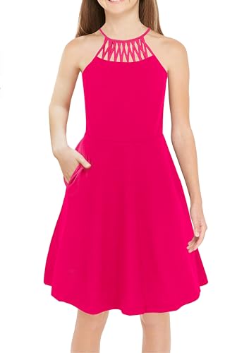 Arshiner Girls Summer Dress Halter Neck Boho Crochet Hollow Out Casual Sundress with Pockets for 5-13 Years