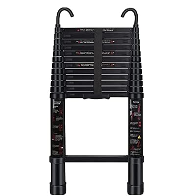 Telescoping Ladder 12.5 FT - Aluminum Telescopic Ladder with Hooks - Folding Extension Ladders for Home Work Loft Roof Attic RV Ladder with EN131 Certification - 330lbs Max Capacity (Black)