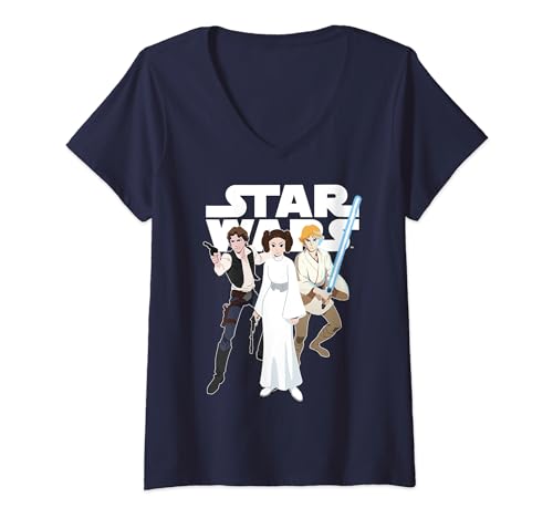 T-shirt Star Wars pour femme col en V imprimé comics Han Luke Leia
