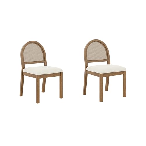 Image of Nathan James Bailey 19 in. Boucle Dining Chair, Upholstered Side Chair with Natural Woven Rattan Back and Solid Wood Legs, Light Brown, Set of 2