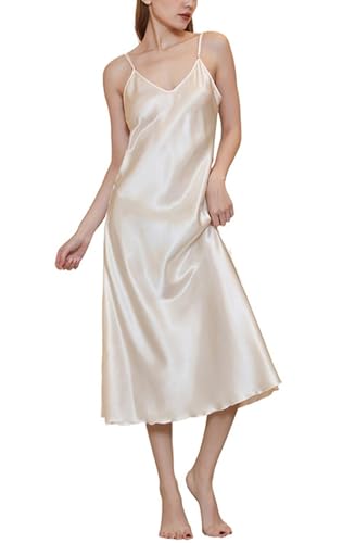 Image of ALCEA ROSEA Women's Midi Satin Slip Dress Adjustable Spaghetti Strap Nightgown Silky Under Dresses