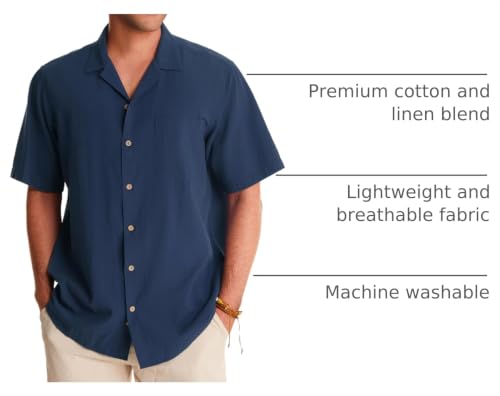 Image of Alimens & Gentle Mens Linen Shirts Cotton Hawaiian Shirts Short Sleeve Button Down Shirts Casual Summer Beach Tops