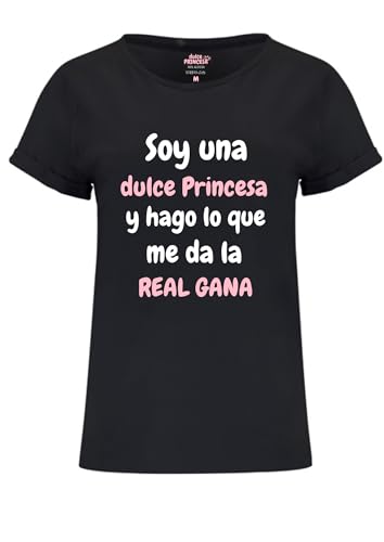 Dulce Princesa Camiseta para Mujer, Manga Corta, con Frase Sarcástica, Cuello Redondo (FR/ES, Letras, S, Regular, Regular, Negro)