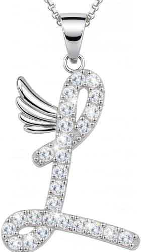 B.Catcher Colliers pour femmes Bijoux en oxyde de zirconium, pendentif initial S925 Collier en argent sterling avec lettres de l'alphabet(aile L)