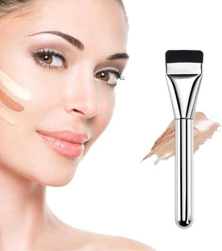 Brocha para Base de Maquillaje Ultrafina, Brocha Facial Profesional con Cabezal Plano, Mango Plateado