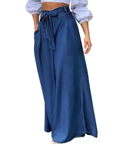 ebossy Women's Elegant Tied Wide-Leg Denim Pants High Waist Casual Loose Floor Length Jean Trousers