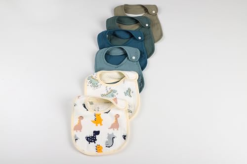 Baby Bibs Set, 6 Muslin Cotton Bibs with Dinosaur and Animal Prints2