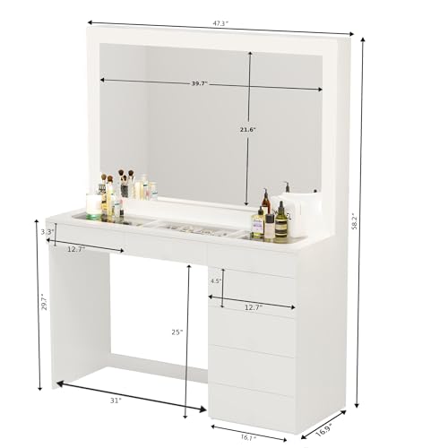 Boahaus Serena Large Makeup Vanity with Hollywood Lights Built-in, 7 Drawers, Hollywood Mirror, Hairdryer Hanger, Glass Top, Gold Crystal Ball Knobs, White Vanity Makeup Desk, 58\'\'Hx47\'\'Wx17\'\'D - Thumbnail 5