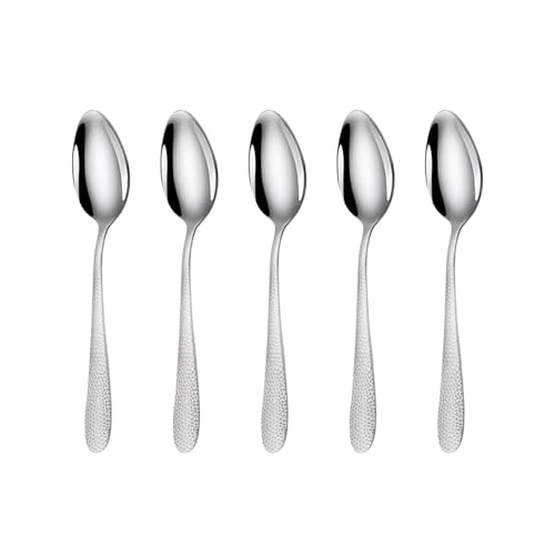 Image of 6.7 inch Sterling Silver Hammered Dessert Spoons | Set of 5 Durable Stainless Steel Teaspoons | Mirror Polished Silverware for Home, Restaurants, and Gift Giving