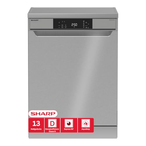 Sharp QW-NA1CF47DS-DE Geschirrspüler freistehend, 60 cm, 13 Maßgedecke, D, 47 dB, Express 50’, QuickWash 30’, EcoWash, AquaStop, Silber