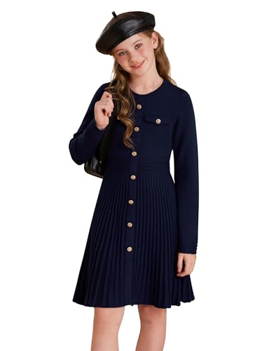GRACE KARIN Girls Winter Fall Jumper Dress Long Sleeve Crew Neck Button Decorated Knitted Dress Navy Blue 6-7 Years