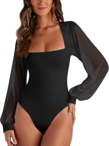 Image of PINKMSTYLE Women's Square Neck Double Lined Mesh Long Sleeve Bodysuits | Sheer Puff Sleeve Body Suit,Slim fit Trendy Going Out Tops,Concert Outfit