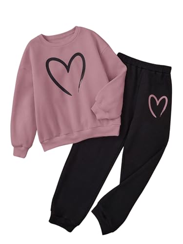 OYOANGLE Girl's Sweatsuit Set 2 Piece Heart Print Long Sleeve Sweatshirts and Joggers Sweatpants Tracksuit
